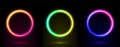 Set of 3d neon circle frame in vibrant color. Glowing borders neon light. Illuminated colorful frames collection